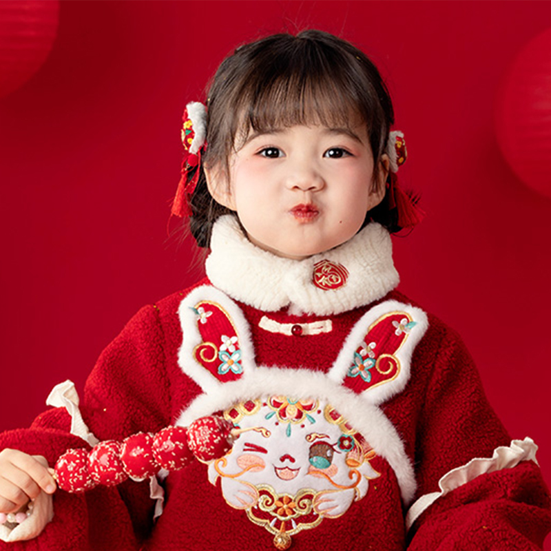 女童汉服配饰围脖加绒女宝宝兔毛保暖毛领儿童中国风古装刺绣围巾