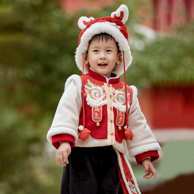 古月家.启岁 男童汉服冬款加绒加厚儿童拜年服红色喜庆宝宝过年服