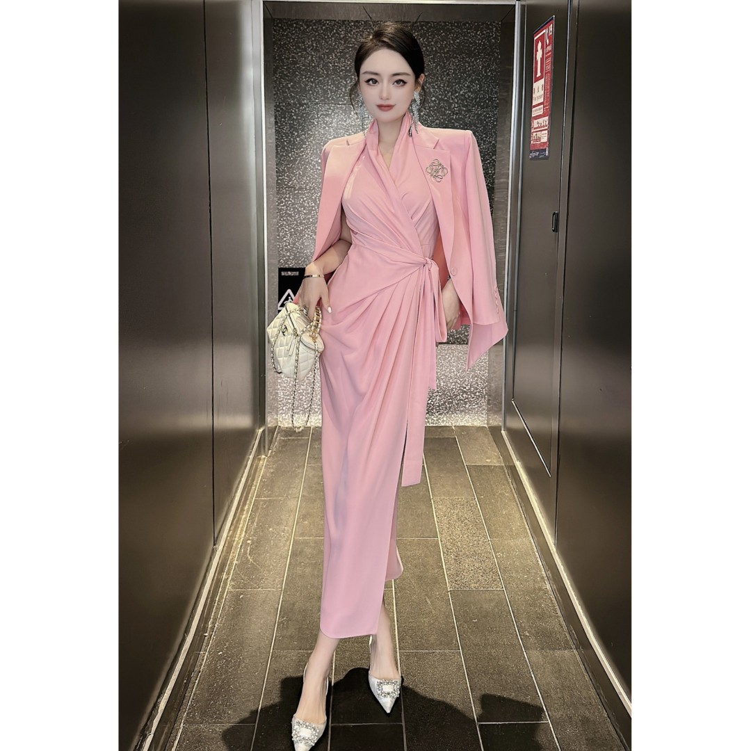 高级感春季轻奢气质女神范收腰显瘦垂感连衣裙套装西装外套两件套