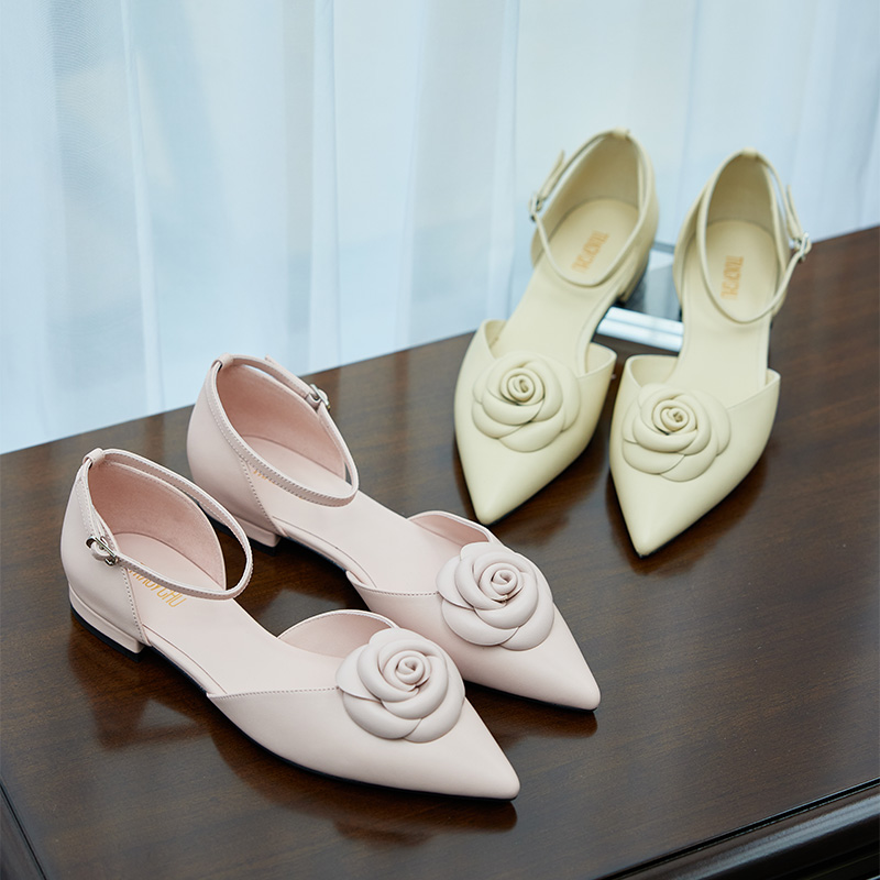 TRACYCHU米色粉紫色小羊皮皮底皮衬皮面手工做花朵尖头百搭平底鞋