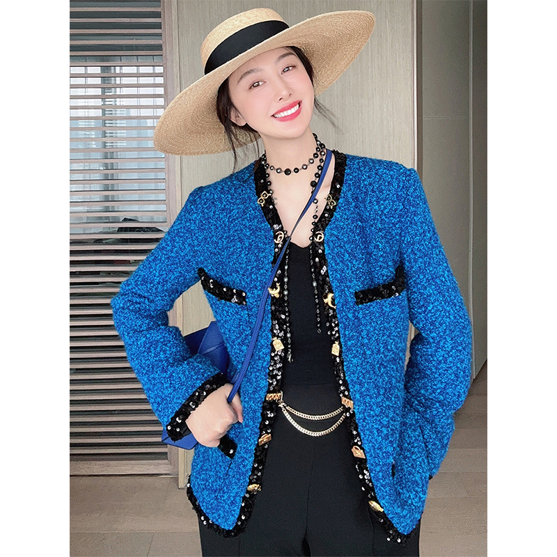 TRACYCHU时尚气质奢华粗花呢混花艺术纽扣宝蓝色全手工休闲外套