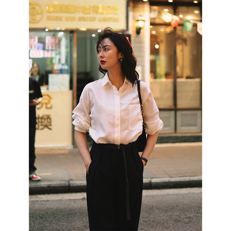 TRACYCHU白色丝羊毛经典极简中性高贵翻领衬衫戛纳千金清冷感贵系