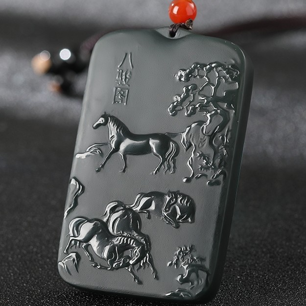 新疆和田玉青玉八骏图吊坠 男女玉牌一马当先玉坠玉石毛衣链挂件