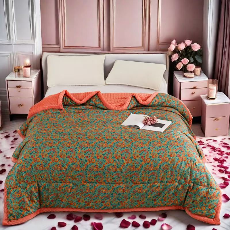 A类亲肤磨毛针织棉双层豆豆被绗缝印花学生宿舍被子商品图