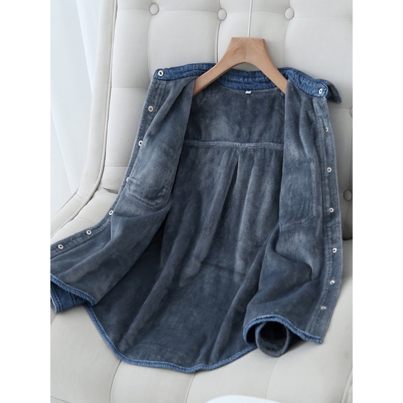 新款秋冬一体绒牛仔加绒衬衫女韩版休闲加厚衬衣宽松打底保暖上衣