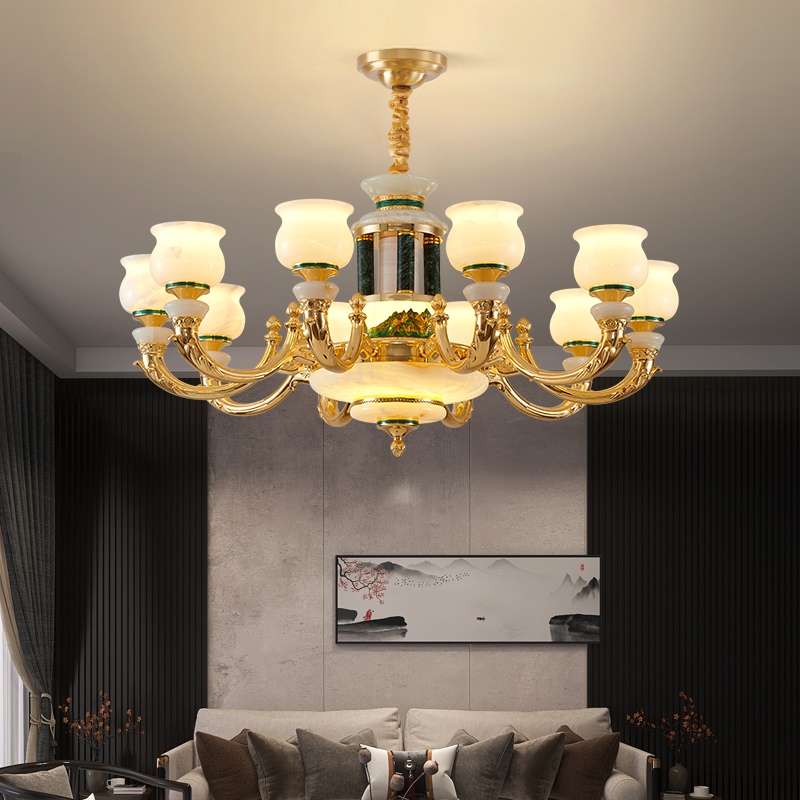 欧式全铜天然玉石灯奢华别墅大厅铜灯高端酒店客厅餐厅纯铜云石灯