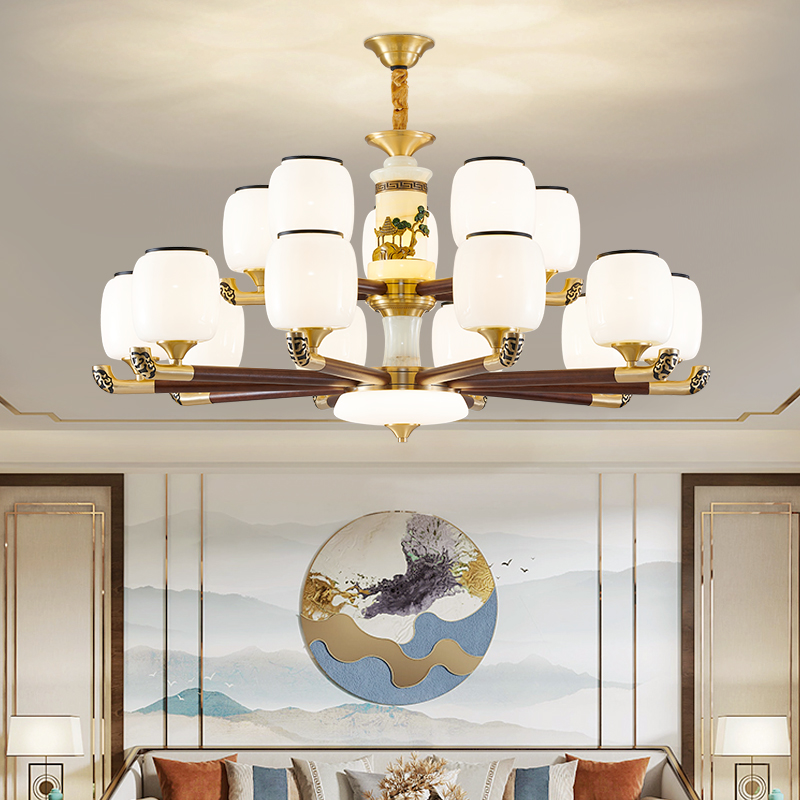 全铜新中式客厅吊灯玉石禅意中国风餐厅大气实木别墅复式楼大厅灯