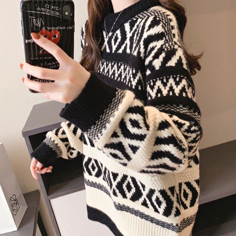 MM毛衣宽松套头慵懒风秋冬新款森系黑白条纹撞色加厚针织打底上衣