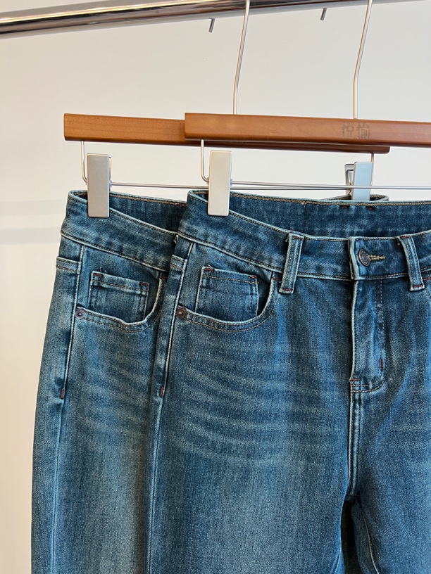 微喇长裤弹力牛仔裤蓝色高腰直筒时尚休闲百搭秋季潮流水洗修身