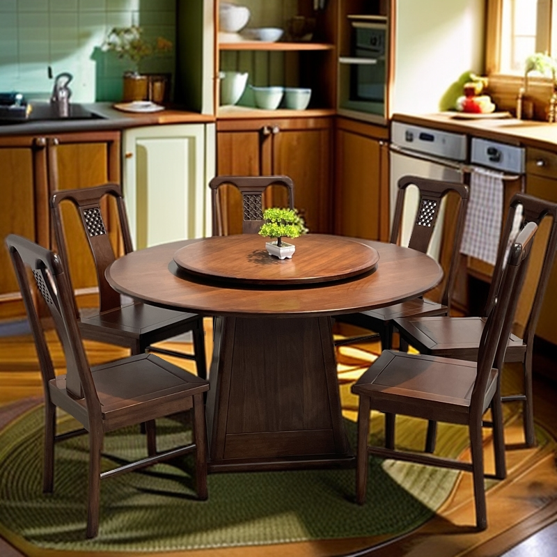 新中式乌金木实木餐桌椅组合圆形家用饭桌大圆桌带转盘 餐厅餐桌 