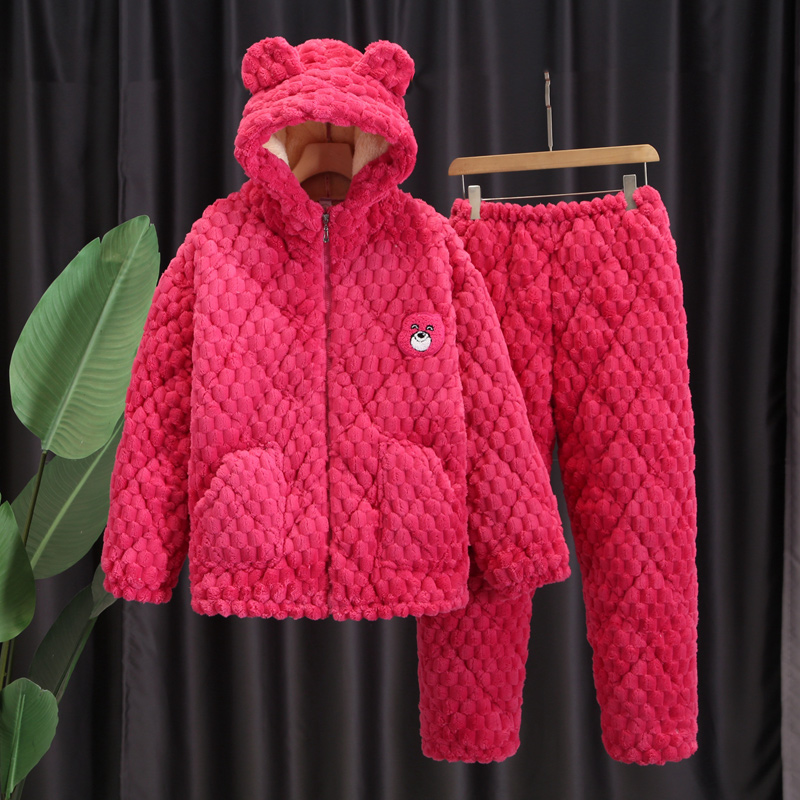 XXXL码165-170cm 150-170斤 冬季保暖珊瑚绒睡衣厚女三层夹棉套装