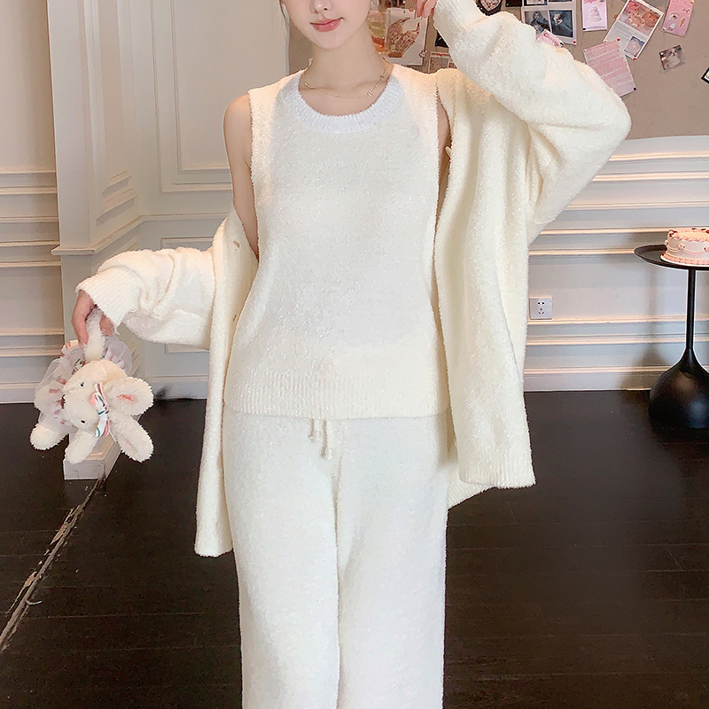 米诗缇【羽毛纱黄色三件套】小众时尚设计可外穿潮牌长袖长裤家居服