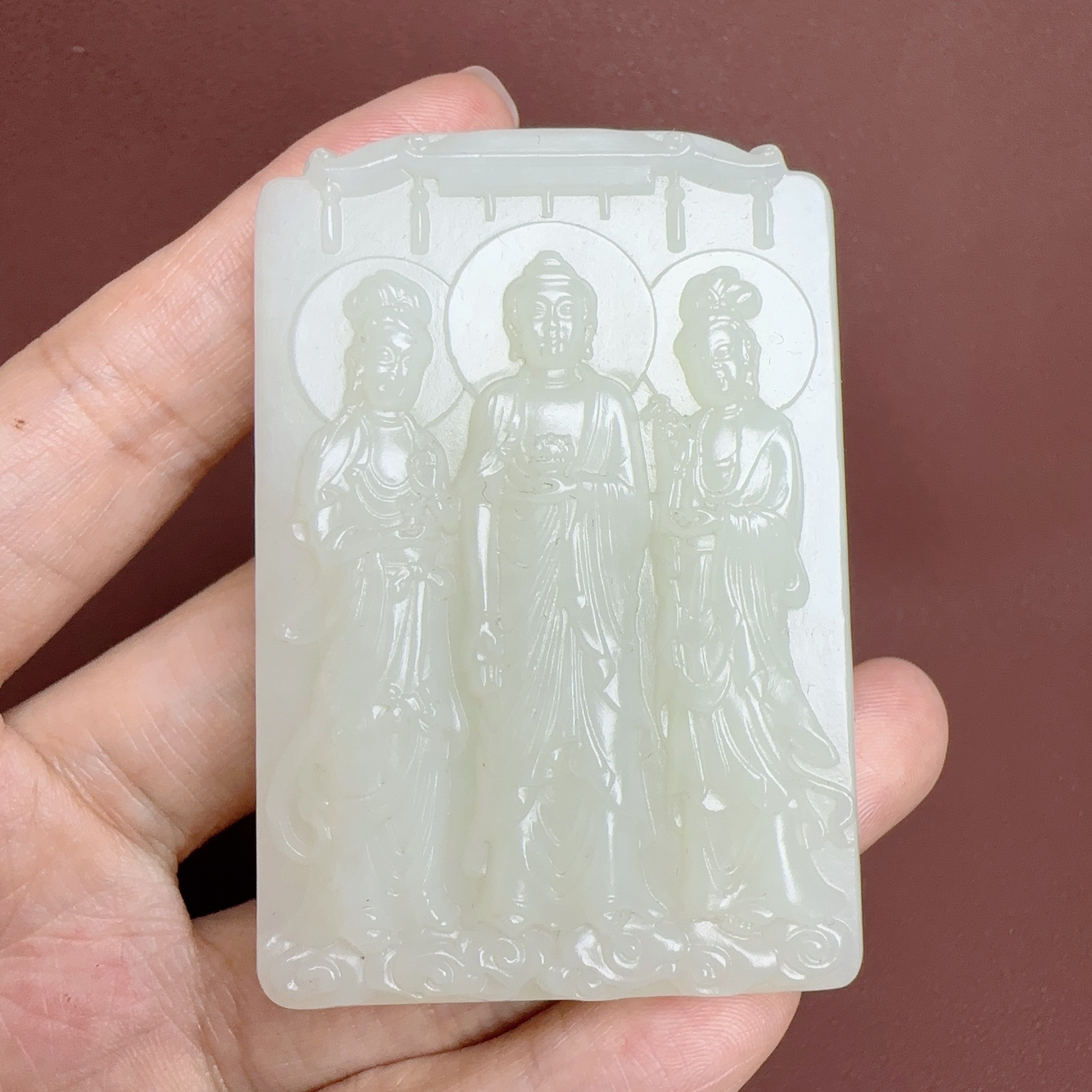 旧藏回流扒皮籽白玉 三圣佛牌 雕工精湛 玉质油润 包浆浑厚 孤品