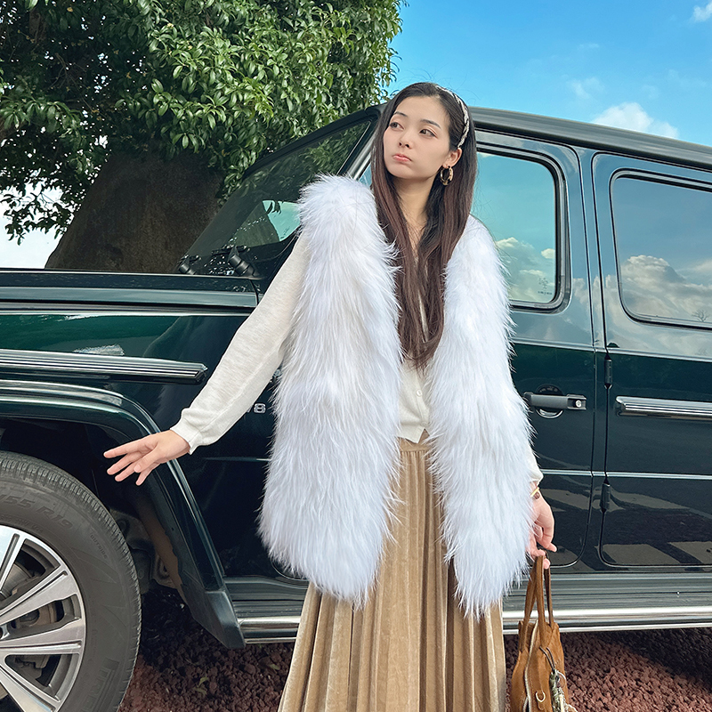 貉子毛双面编织皮草马甲新款外套女V领中长款加密加厚狐狸毛车条