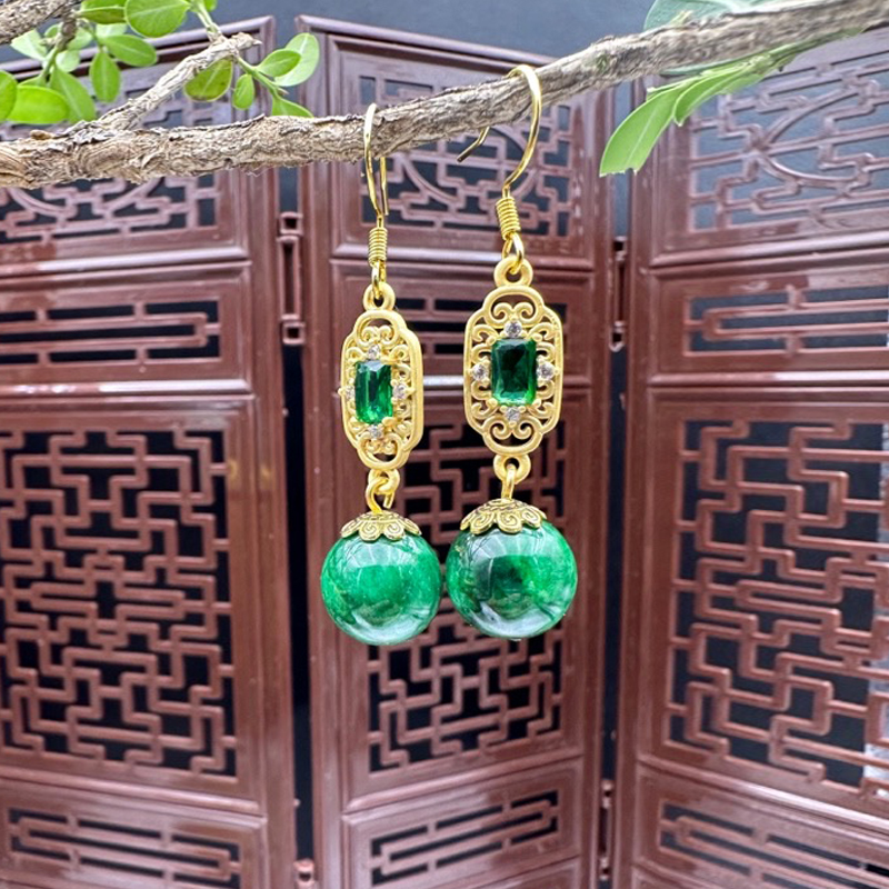 干青铁龙生石英岩绿色镶嵌玉石耳环古法耳坠手工百搭耳饰
