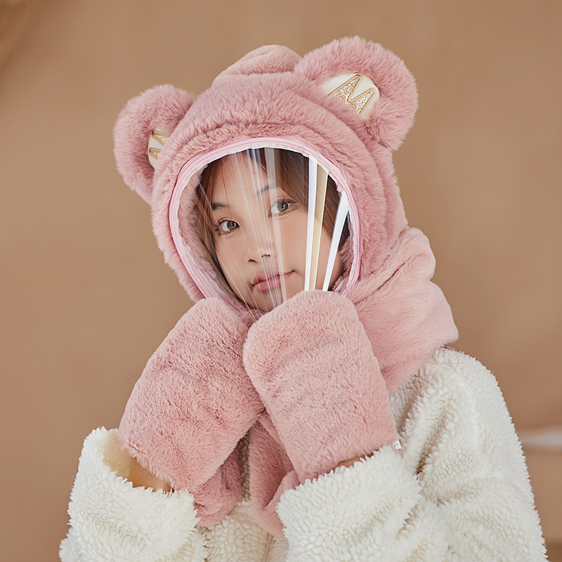 帽子女秋冬季围巾一体女骑车防风防寒帽带面罩毛绒围脖护耳保暖帽