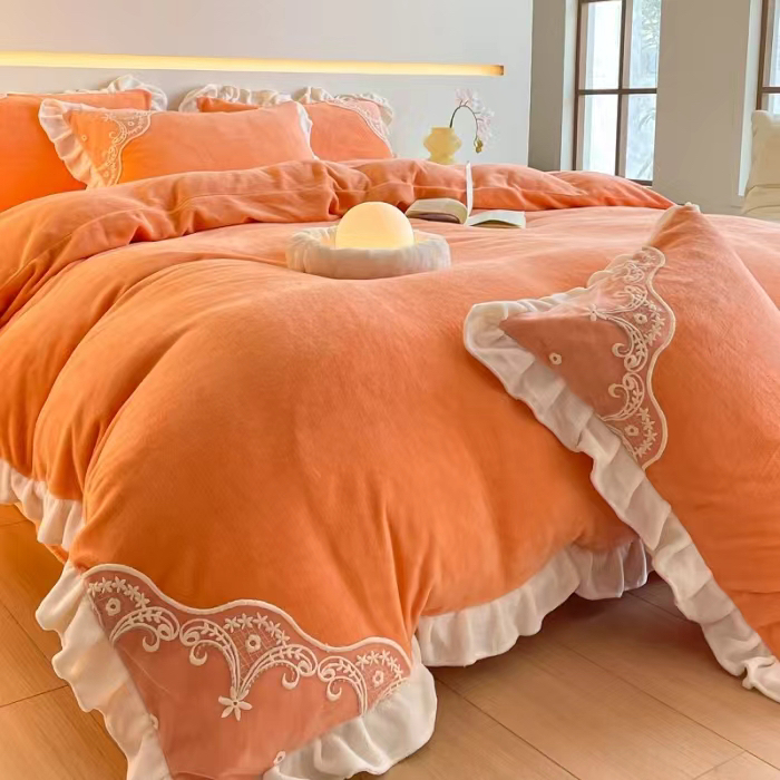 牛奶绒四件套蕾丝花边公主风