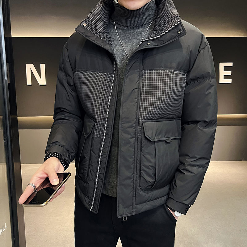 保罗男装羽绒服男冬季2023新款短款帅气轻薄男装加厚格子拼接立领
