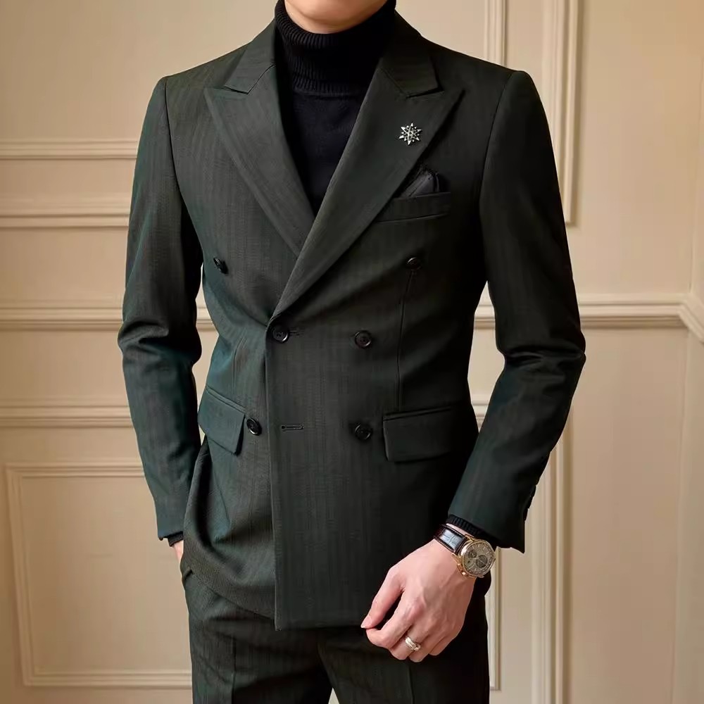 高级双排扣套装西服男秋冬新款修身两件西装潮流商务外套职业男装
