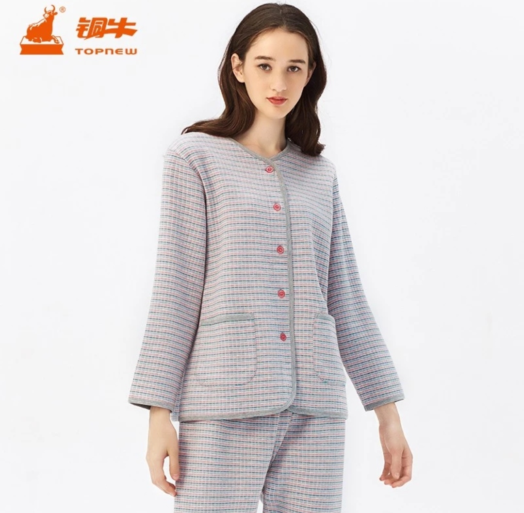 铜牛 纯棉  秋冬 彩条 爆款 暖棉 长袖 开襟 居家 条纹 保暖 女套