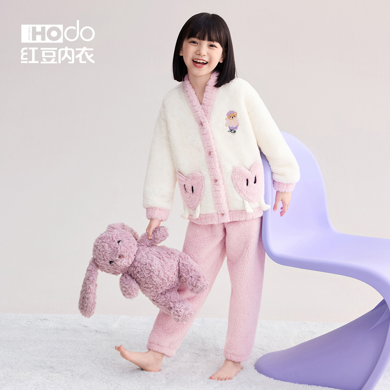 红豆珊瑚绒套装女童女孩睡衣儿童中大童保暖秋冬加绒加厚家居服11