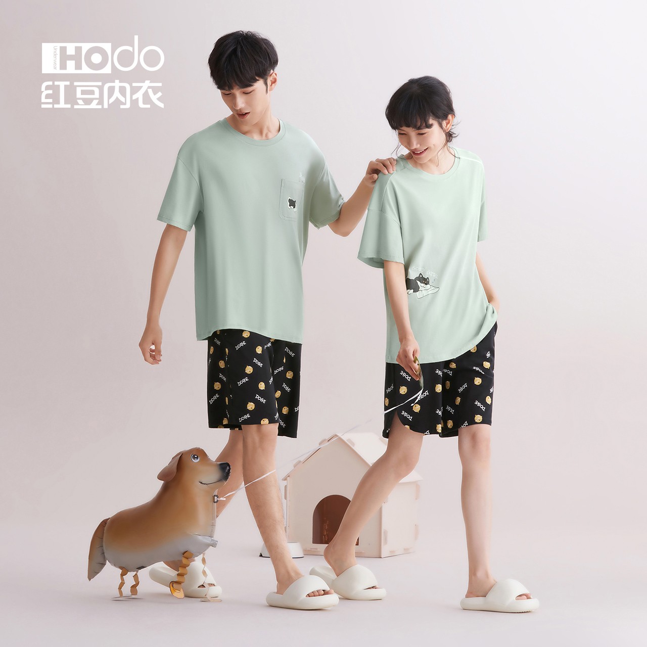 Hodo/红豆圆领宽松情侣睡衣女士棉质短袖短裤夏季薄款家居服套装