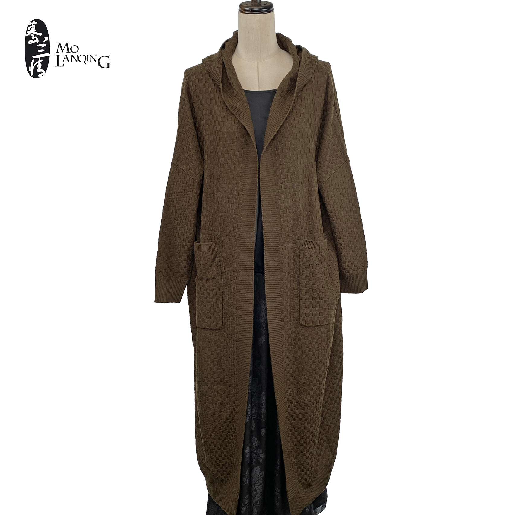 【格子长款帽衫】女士时尚休闲宽松v领长款开衫中长款风衣6311