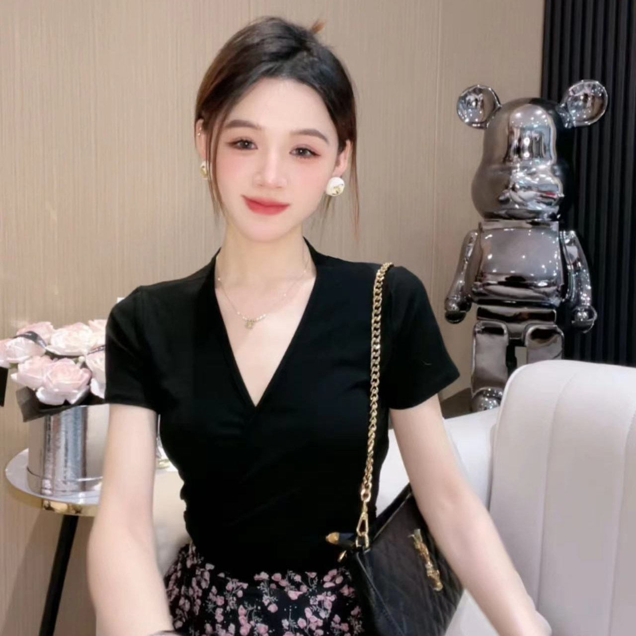 【心机款】v领高腰设计感显瘦纯色后背系带镂空上衣+裙子
