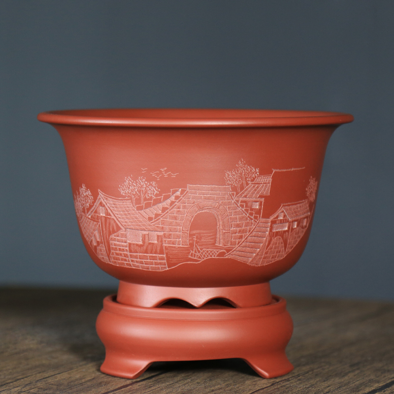 宜兴紫砂花盆大红袍刻绘江南水乡金钟兰花盆桌面绿植古典手工刻绘