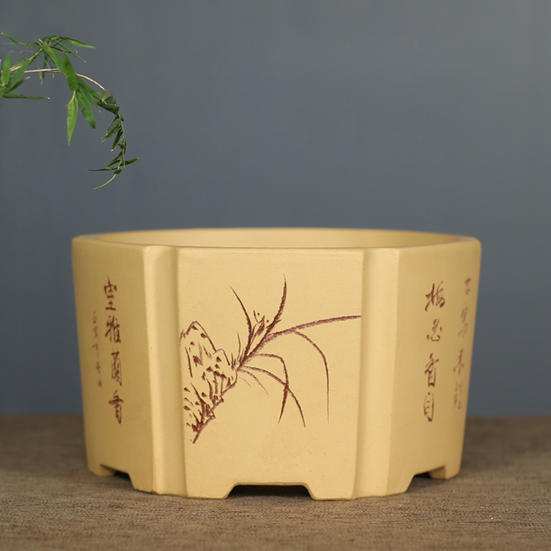 紫砂花盆盆景盆陶瓷花盆精品六方刻绘多肉植物花卉盆栽室内兰花盆
