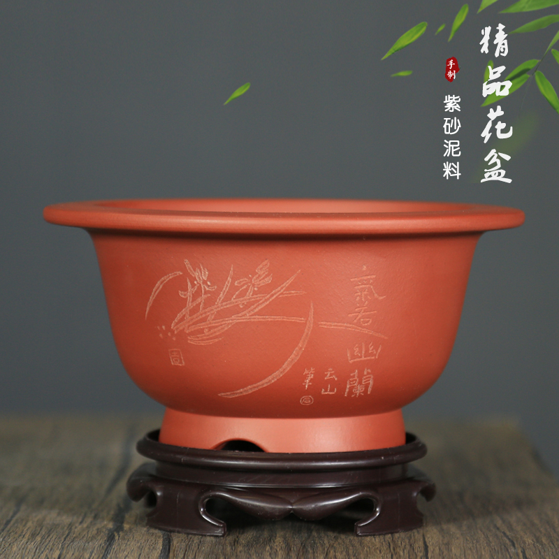 宜兴紫砂盆红清水泥手工圆形盆景盆小型古典兰盆内门朱松柏桌面盆