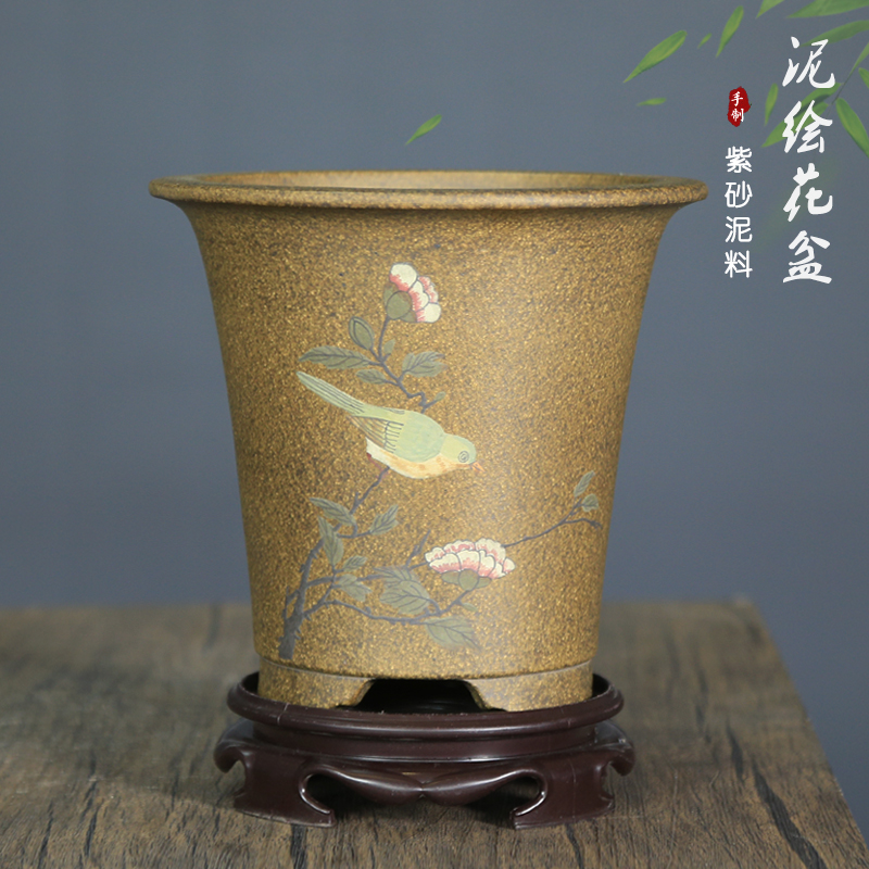 精品紫砂花盆天青泥手工泥绘透气兰花盆室内桌面绿植摆件装饰盆景
