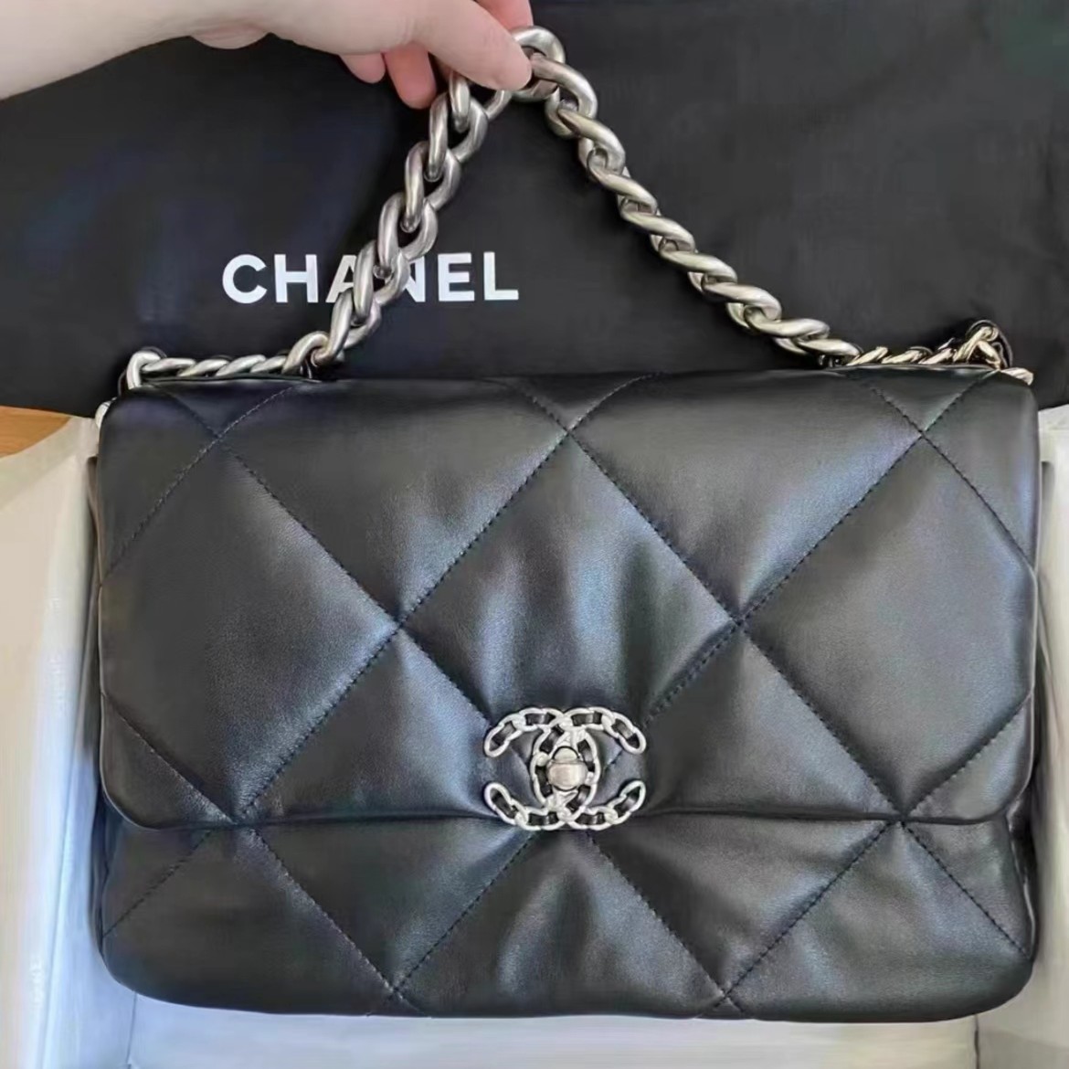 95新 Chanel/香奈儿 3081505/19bag黑银芯片中号/单肩包/鹿森专属