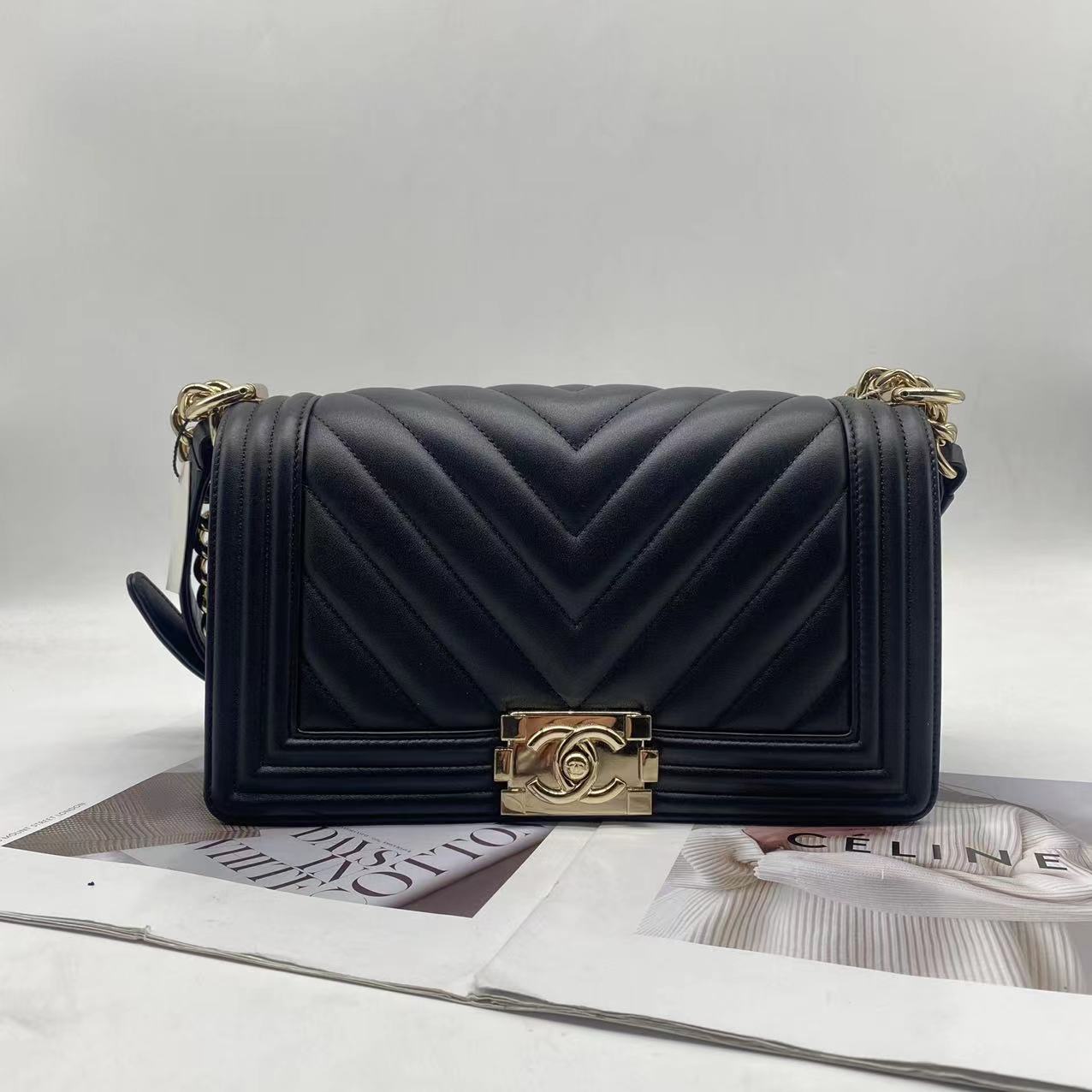 95新 Chanel/香奈儿 3100903黑银中号v纹leboy/单建包/鹿森专属