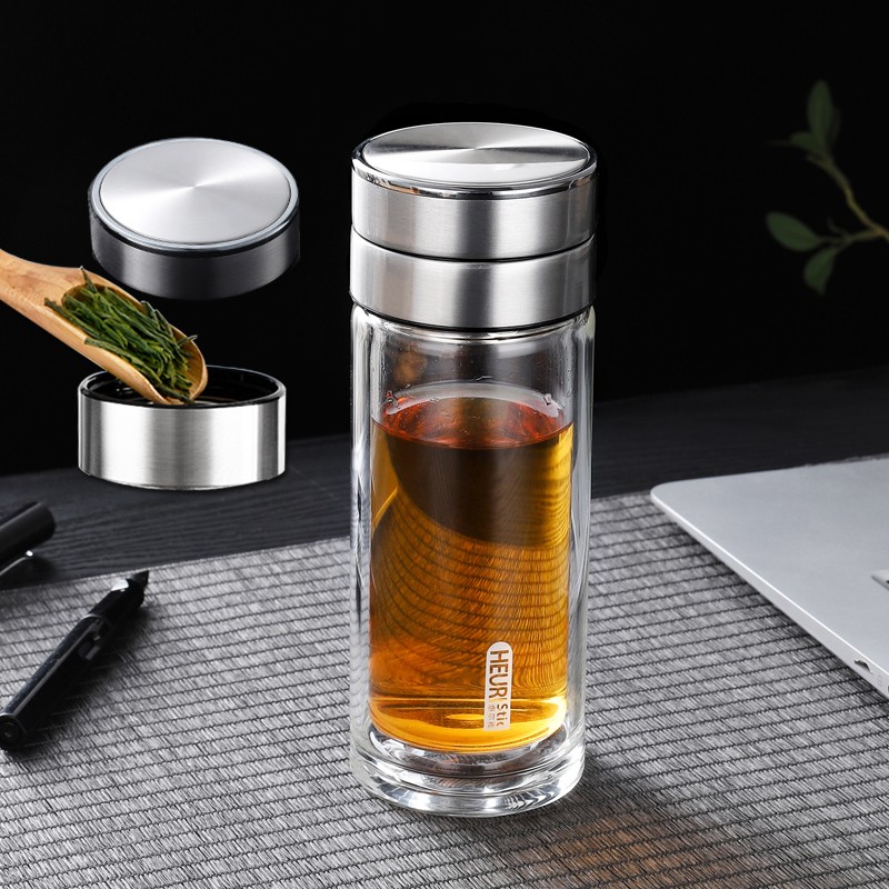 惠尔雅茶水分离杯双层高硼硅玻璃杯加厚男士泡茶杯专用便携杯子