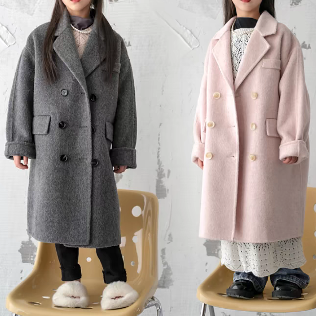 蓬蓬韩版宽松红色呢子秋冬加棉加厚男童呢料外套女童加绒毛呢大衣