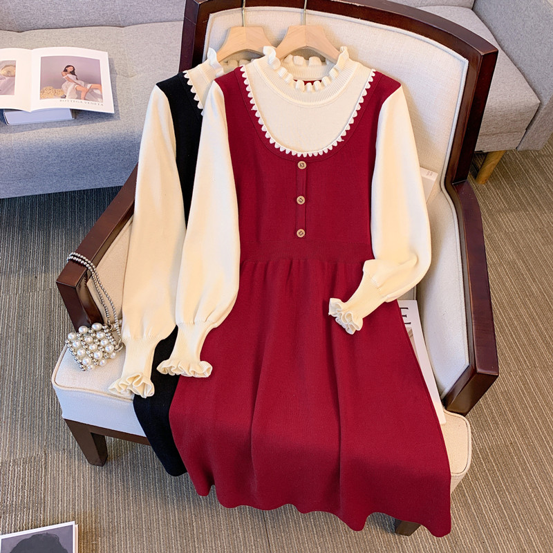 2025春秋大码女装时尚针织拼接连衣裙胖妹妹遮肚子显瘦中长款裙子