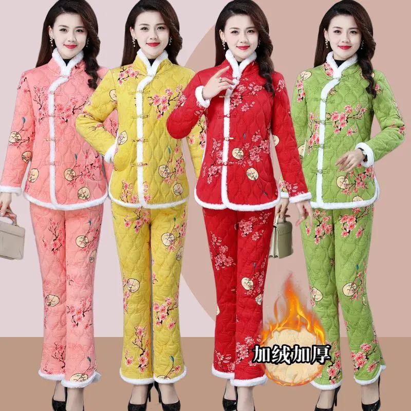 冬季新款加绒加厚珍珠盘扣套装女花色棉袄减龄显瘦居家服两件套