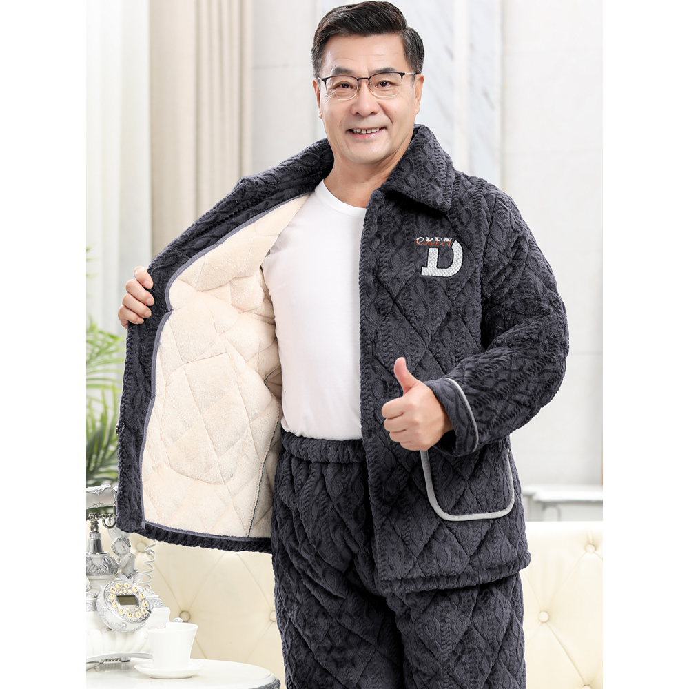 【小扬哥推荐】睡衣男冬季三层加绒加厚珊瑚绒夹棉中老年爸爸保暖