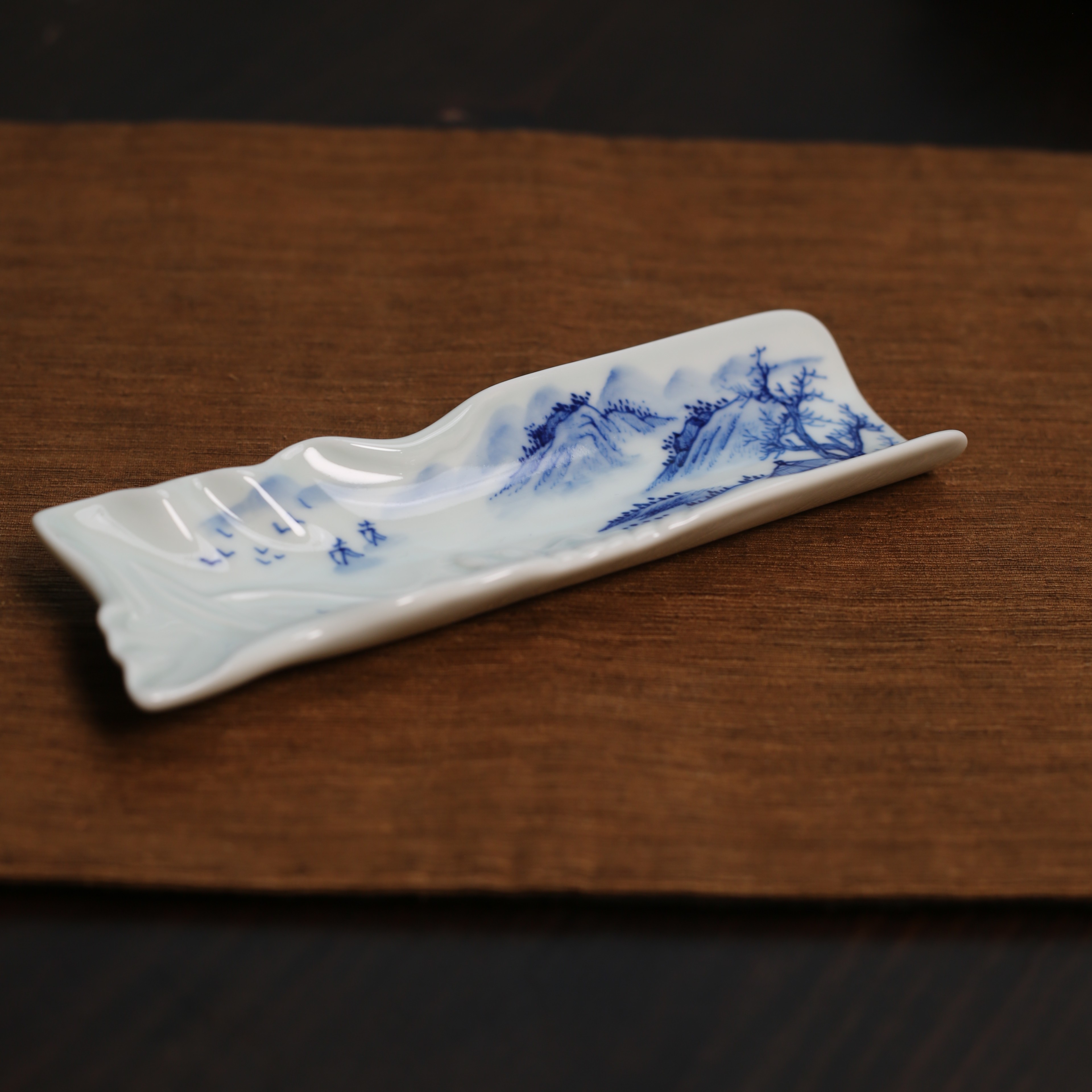 陶瓷青花山水茶则手工手绘纯手工