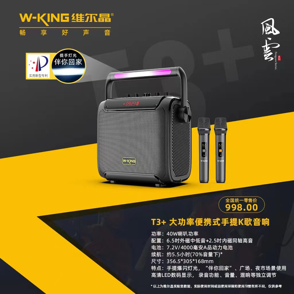 维尔晶T3+户外带灯光直播声卡蓝牙U盘手提音箱双话筒