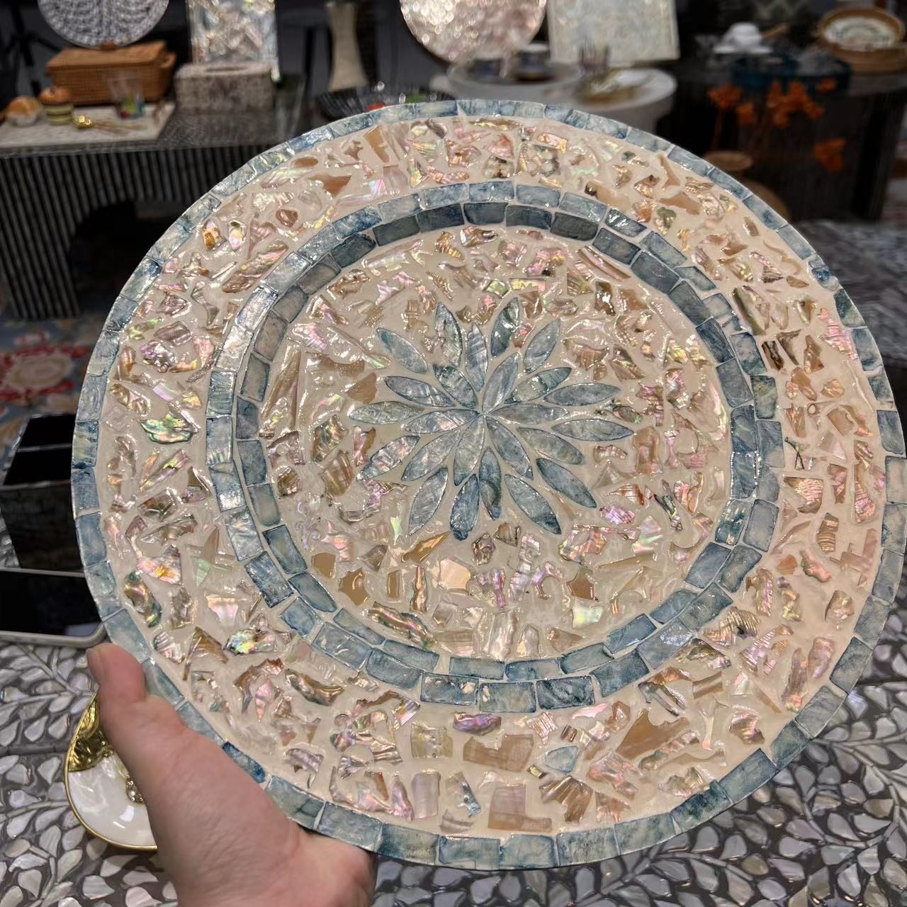 HH-轻奢蓝莲花餐垫贝壳镶嵌餐盘果盘直径33cm