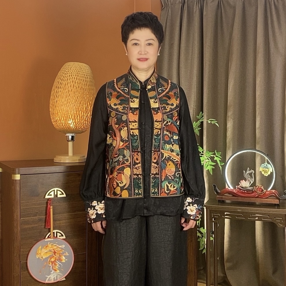 【沐杉高定】桑蚕丝龟裂纹老龟老料新中式轻奢民族风复古刺绣马甲