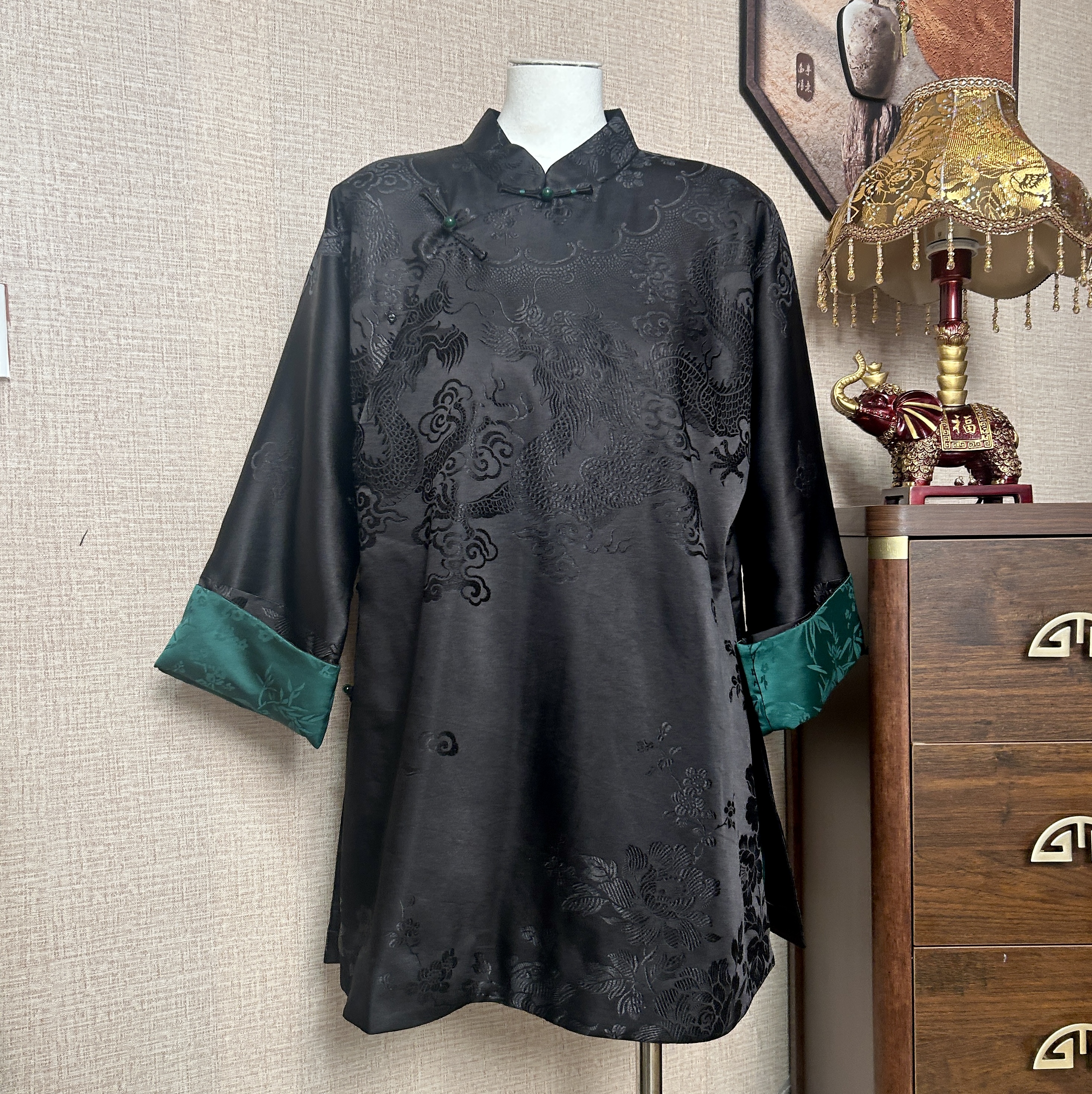 【高货孤品28】桑蚕丝时尚新中式国风黑色复古中立领提花老缎棉服