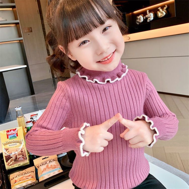 韩国女童针织打底衫2023秋冬新款木耳边高领洋气儿童保暖HW