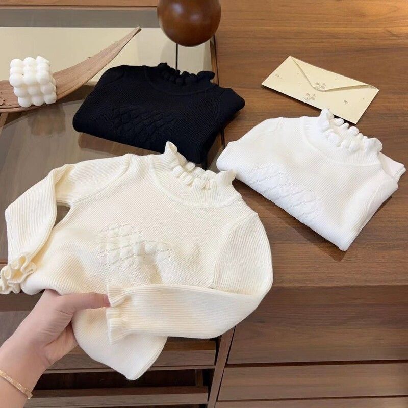 女童秋季毛衣2023新款女宝宝纯色坑条针织弹力半高领长袖HW