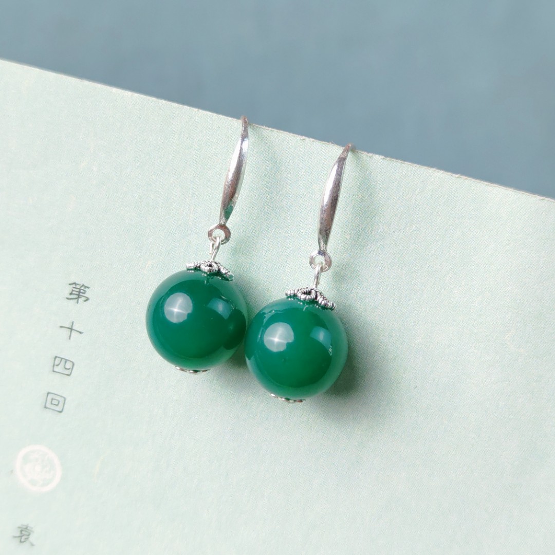 S925银绿玛瑙12毫米单珠圆珠耳环银耳饰防过敏耳坠811308