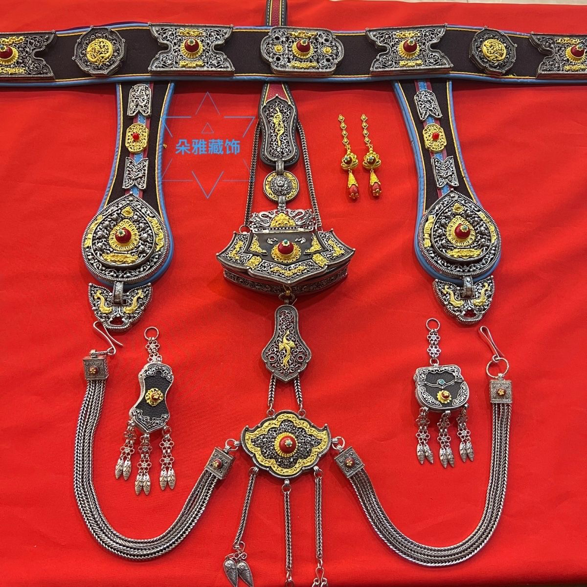 藏族女士腰间套装藏式,腰间配饰挂件钱包腰带八件套复古银纯手工