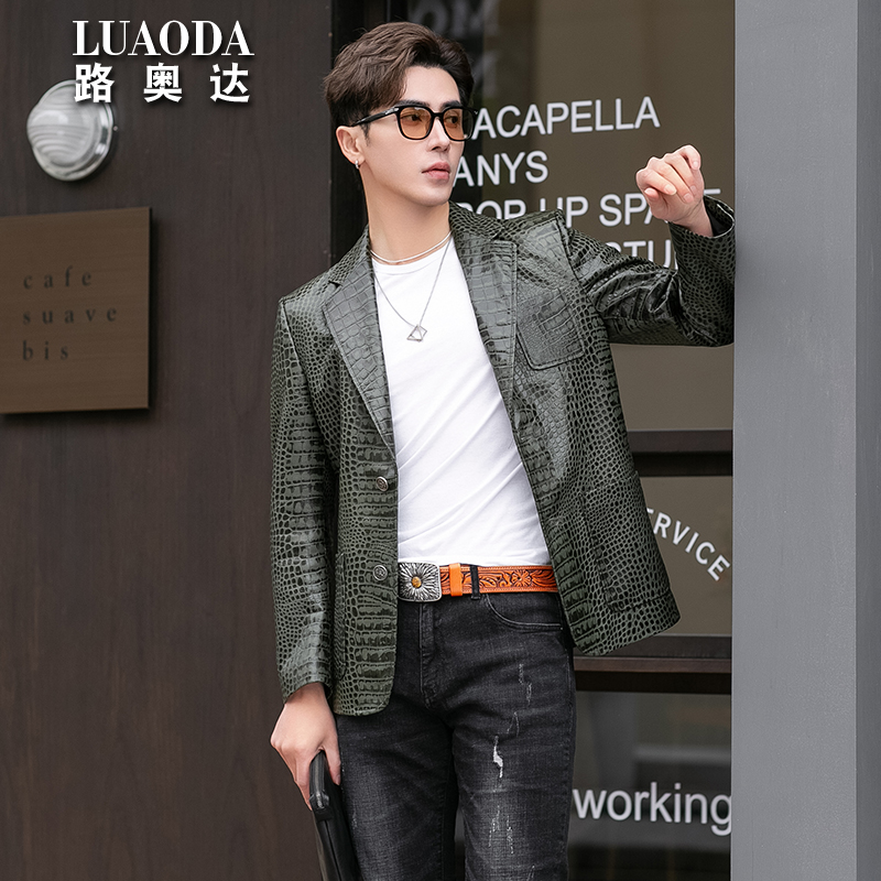 男士真皮皮衣绵羊皮皮夹克外套真皮西装鳄鱼纹帅气修身休闲西服潮