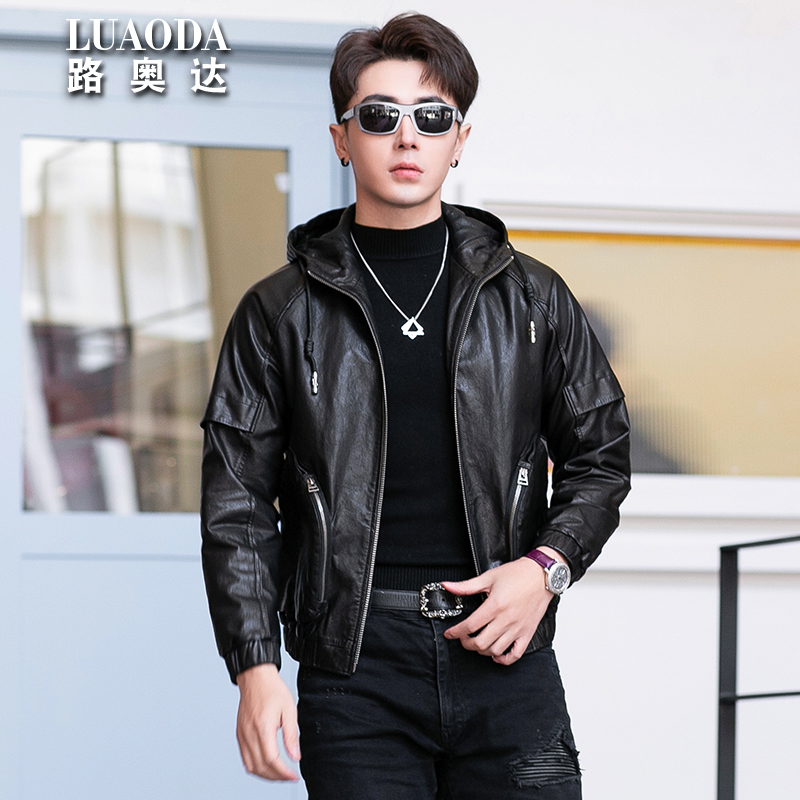 2024新款真皮夹克男头层绵羊皮短款连帽青年机车服帅气皮衣外套潮